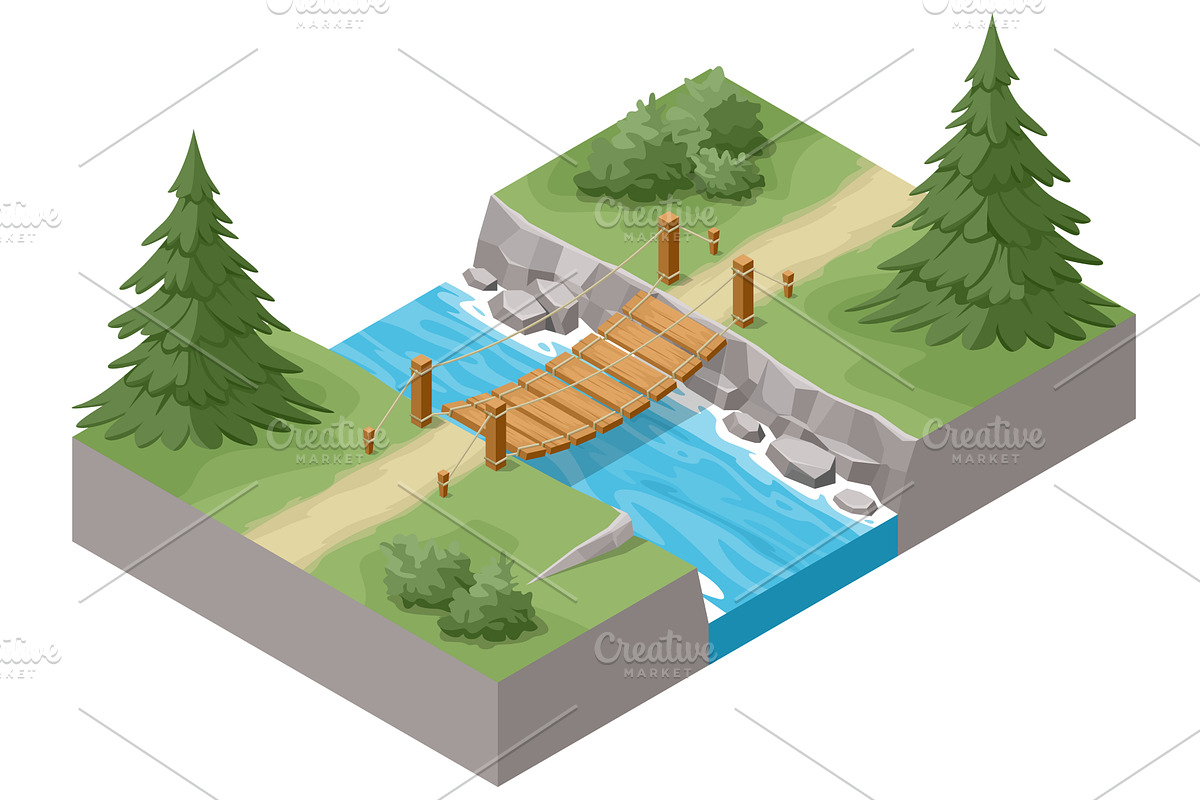 Isometric wooden bridge over a small, an Illustration by Golden Sikorka