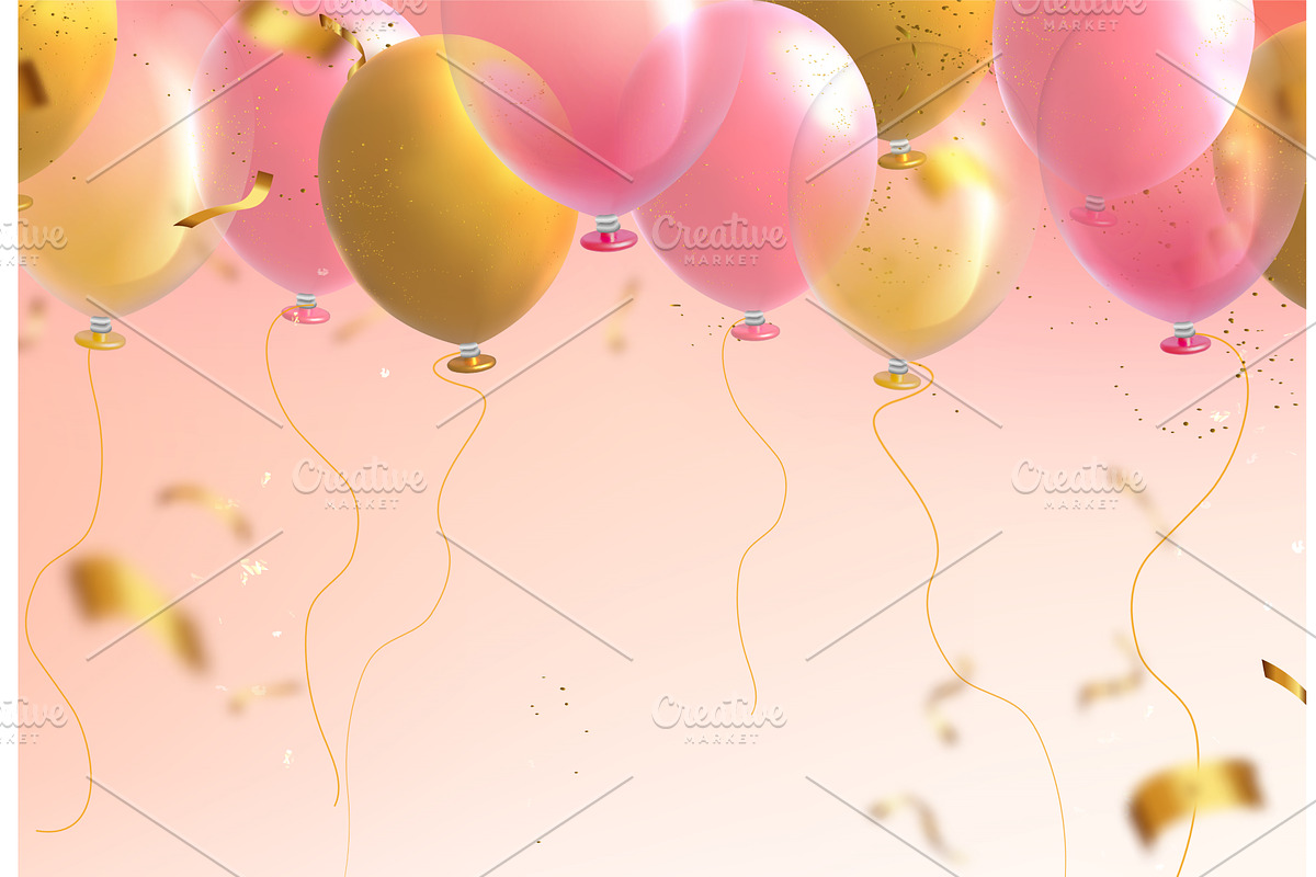 Pink and yellow balloons with golden, an Illustration by art PVP - market