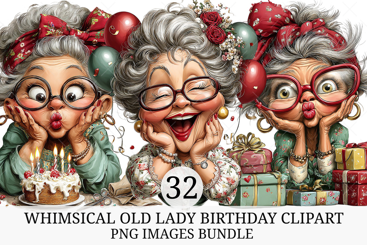 Whimsical Old Lady Birthday Clipart, an Illustration by Craft Nest (Photo 1 of 11)