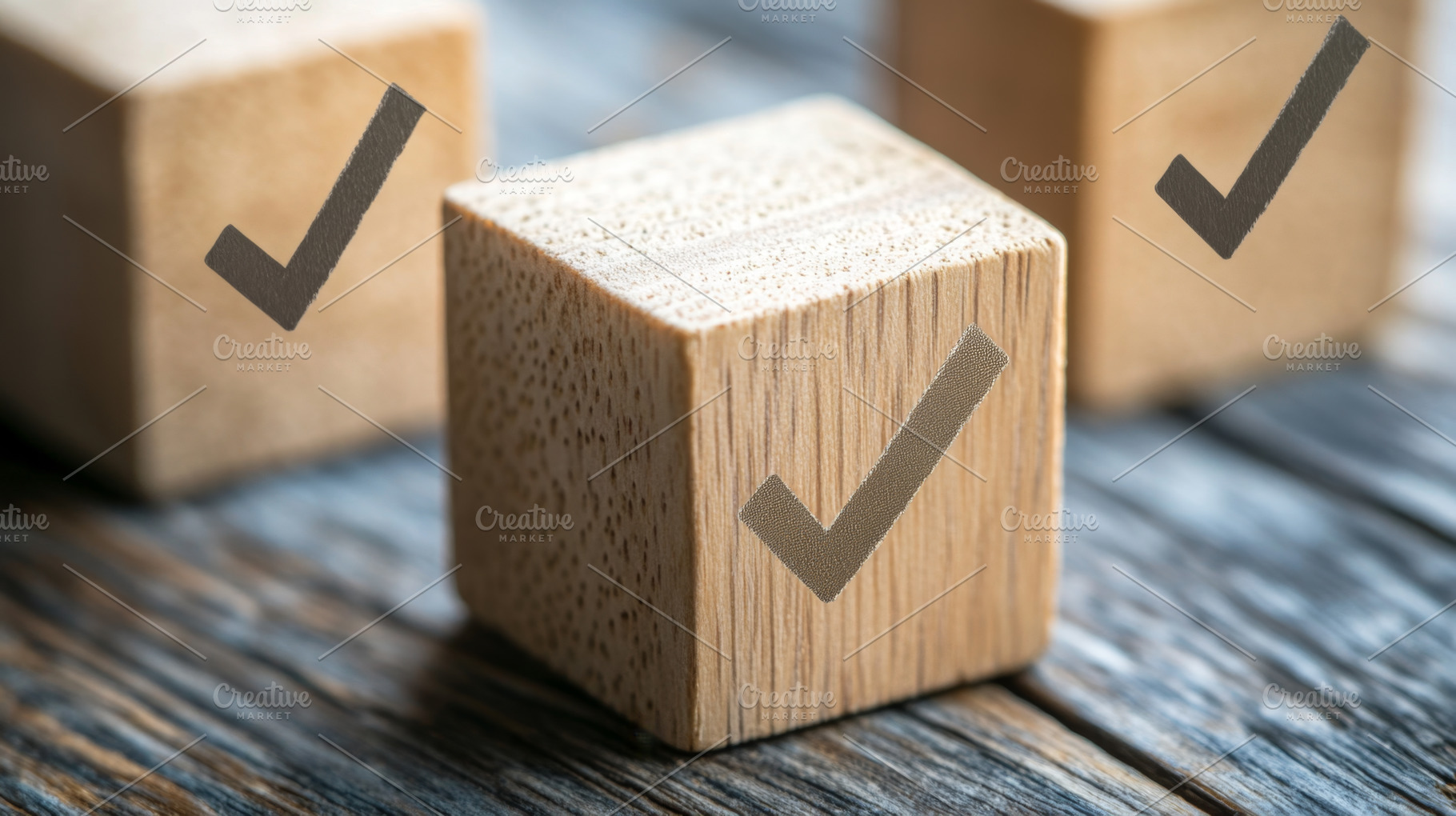 Wooden Block with Checkmark Symbol on Rustic Background, an Abstract Photo by Natalia Klenova's Shop
