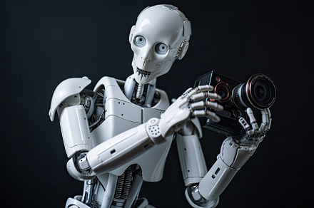 Robot holding a camera on a dark bac, a Photo by Iftikhar Alam