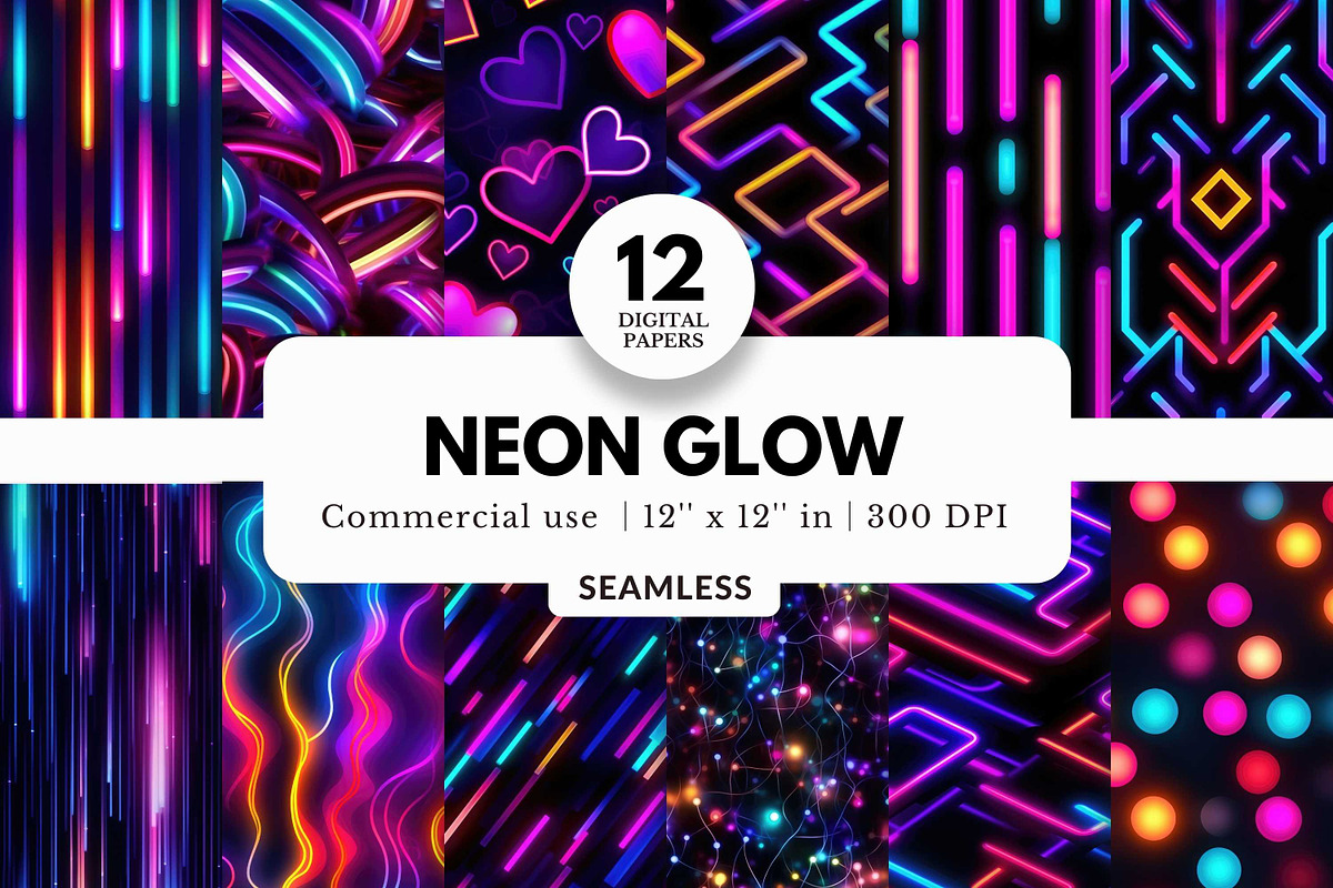 12 Neon Glow Digital Papers, a Pattern Graphic by NorthWindPixels (Photo 1 of 4)