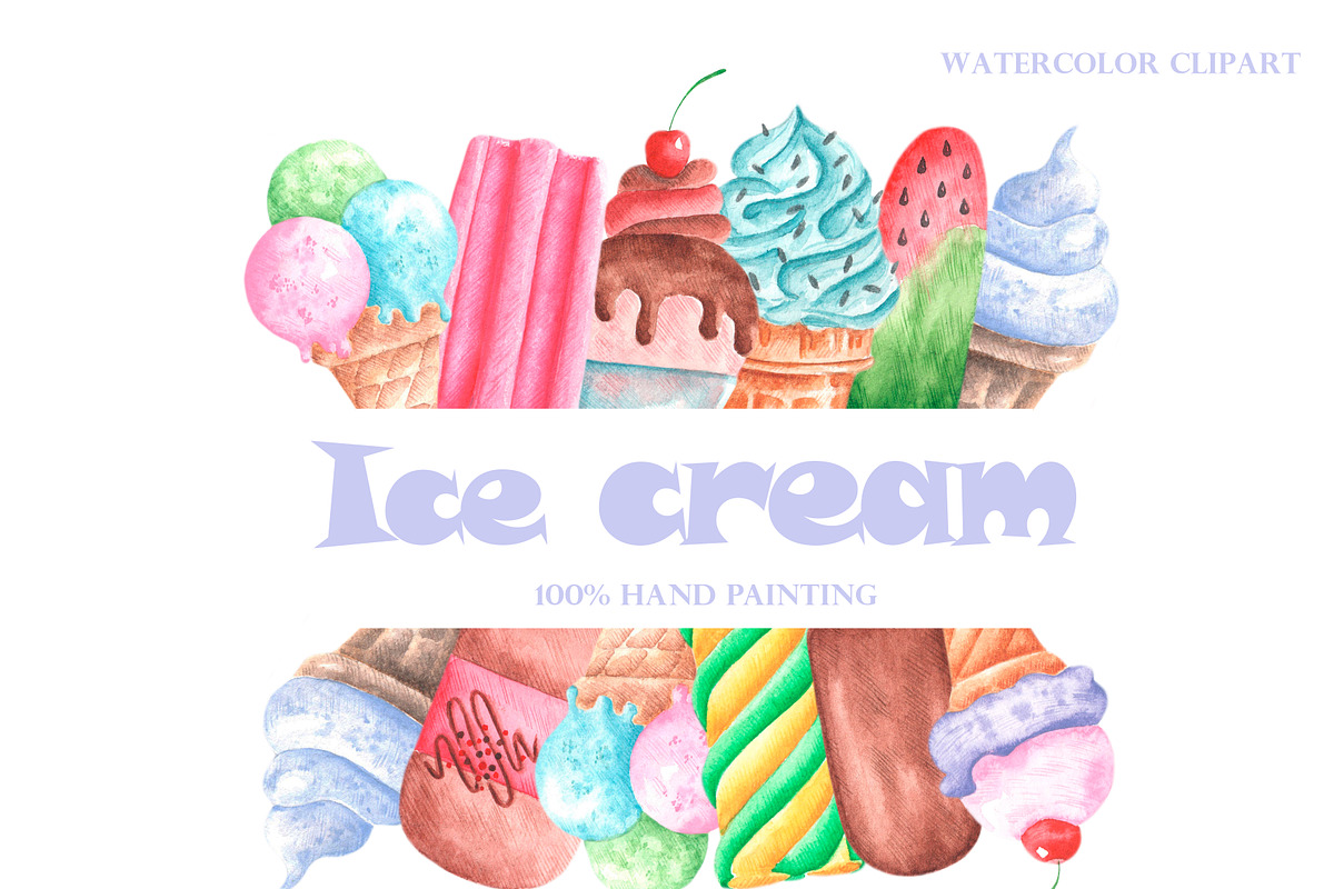 Ice cream watercolor set., a Food Illustration by SabinaWatercolorArt (Photo 12 of 17)