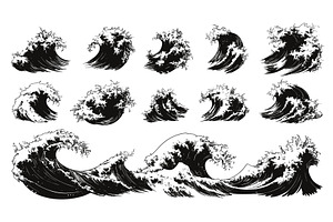 Water Wave Icons Set Black and White, an Illustration by LadadikArt