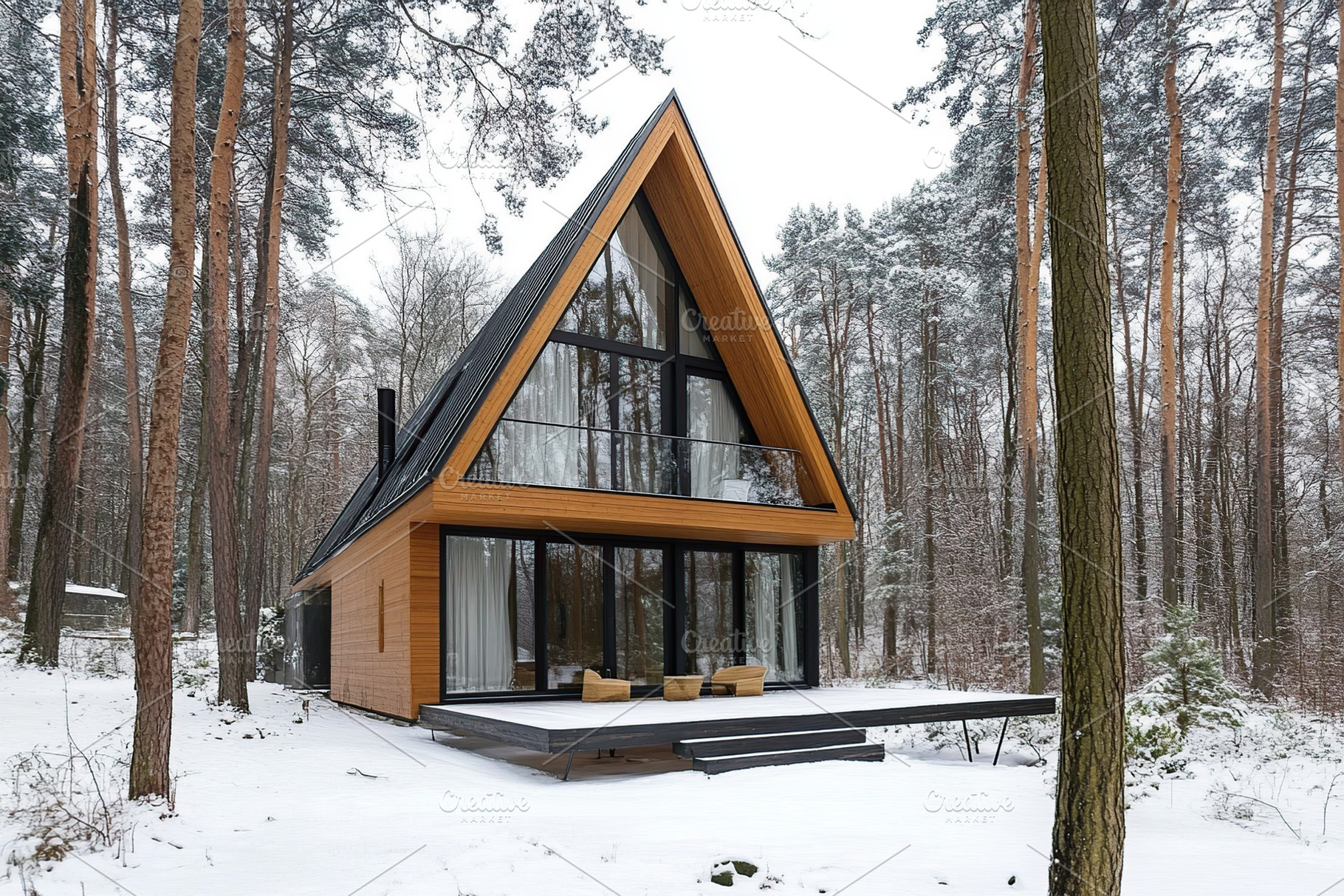 Modern house in winter pine forest, an Architecture Photo by AlyaAnd