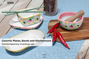 Ceramic Plate and Bowls Mockup