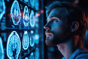 A young cognitive psychologist man with a beard gazes thoughtfully at a wall of, a Person Photo by Textures & Backgrounds