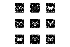 Butterfly Icons Set, Grunge Style