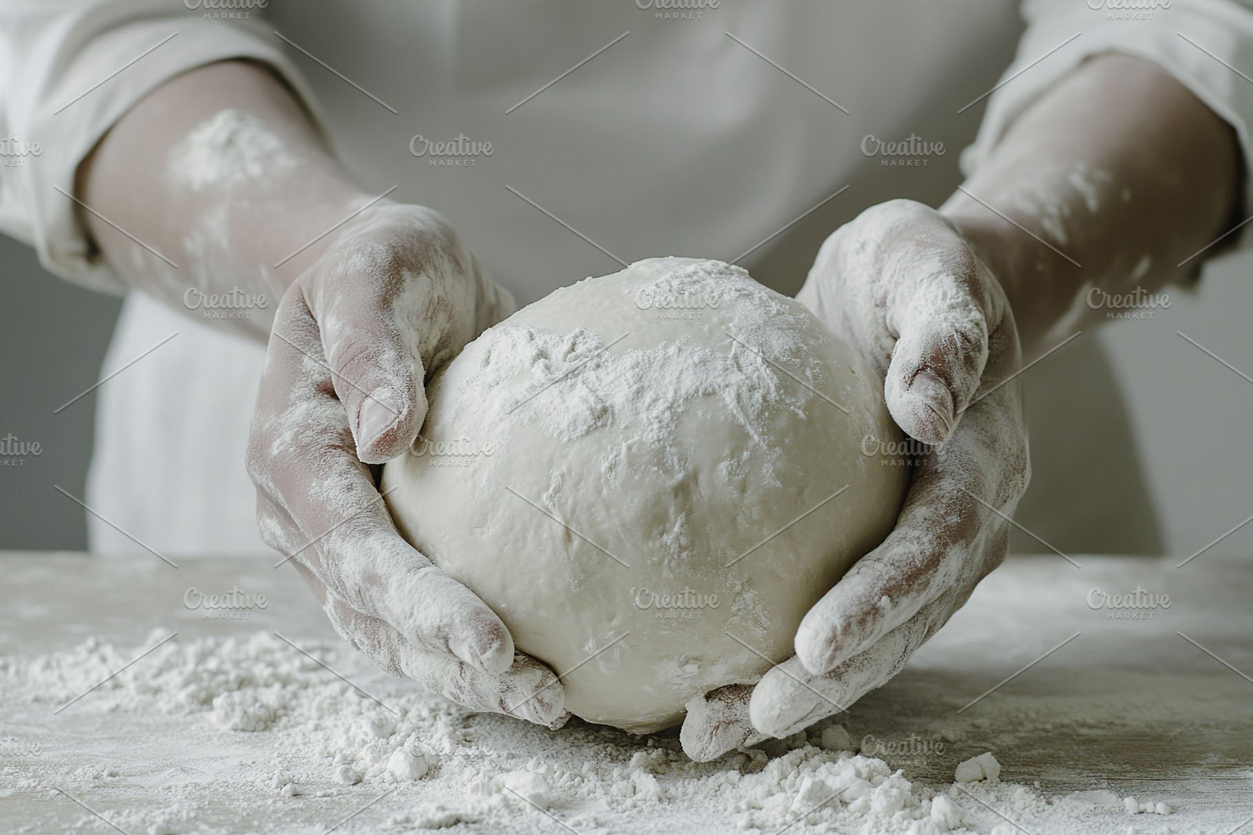 Kneading dough with hands covered in white flour in a bright kitchen setting, a Food & Drink Photo by AlyaAnd