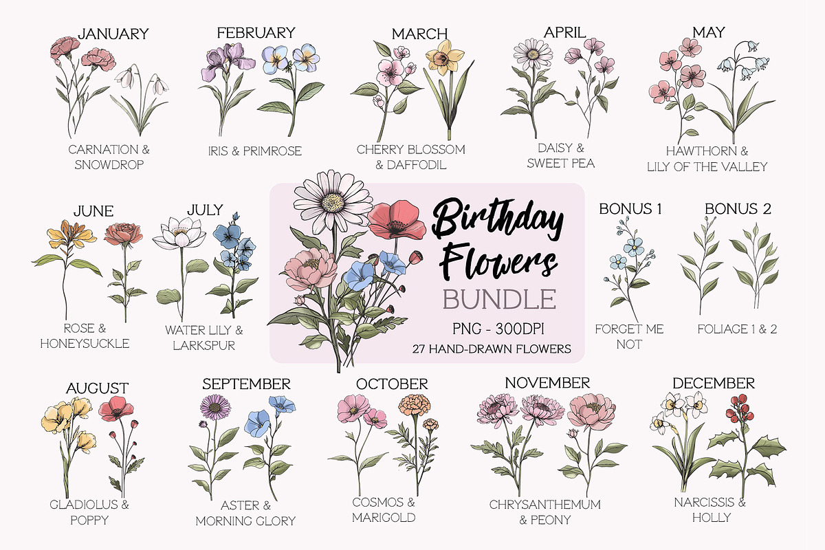 Birth Month Flowers Clipart Bundle, an Object Graphic by Mastilo Designs (Photo 1 of 6)