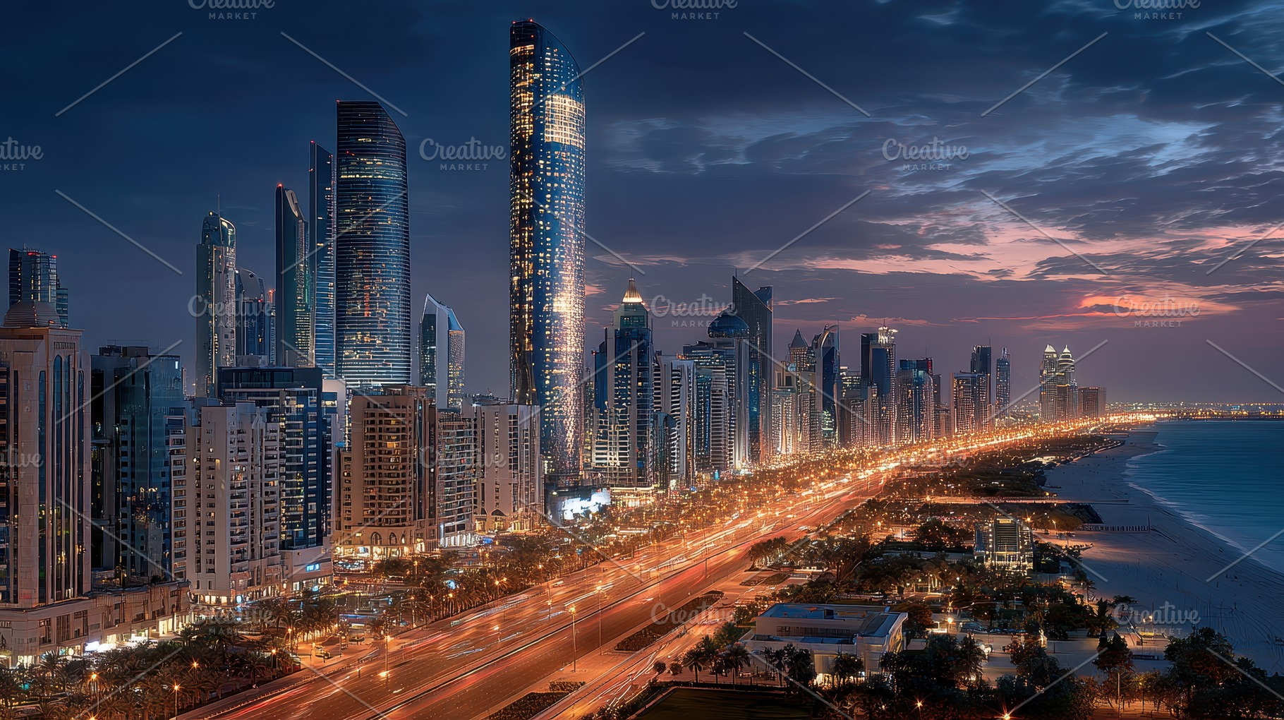 Night view of Dubai skyscrapers coas, a Photo by Pixeness Studio