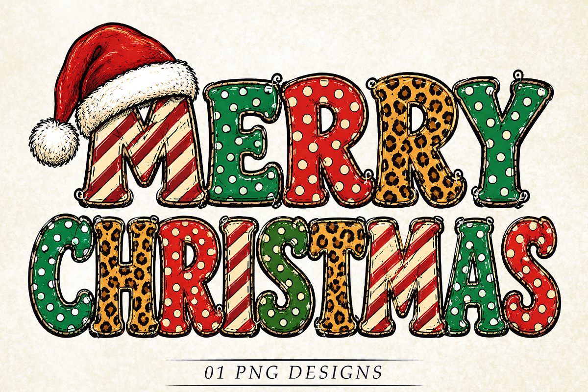Merry Christmas PNG, Retro Patterned, a Seasonal Illustration by Libby Wishes (Photo 1 of 4)