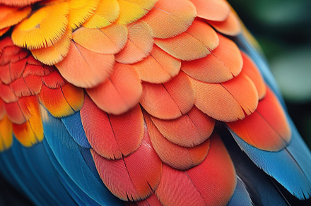 Bright and vivid feathers of a parro, a Photo by Tanuart