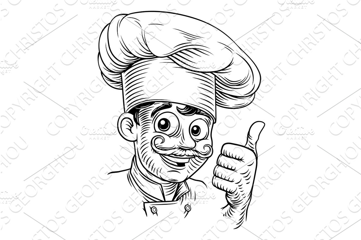 Smiling Chef Baker Cook Woodcut, a Food Illustration by Christos Georghiou