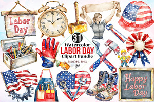 Watercolor Labor Day Clipart Bundle, an Illustration by Canvas Craft