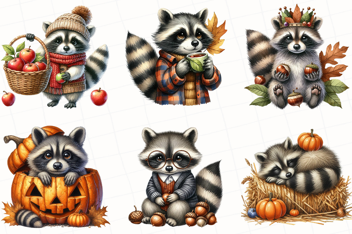 Watercolor Autumn Raccoon Clipart, an Illustration by OK Design (Photo 5 of 5)