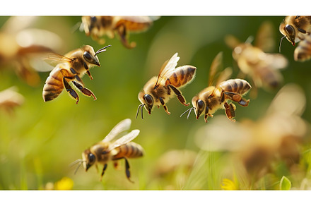 Swarm of honeybees flying in warm, an Animal Photo by Lermont51