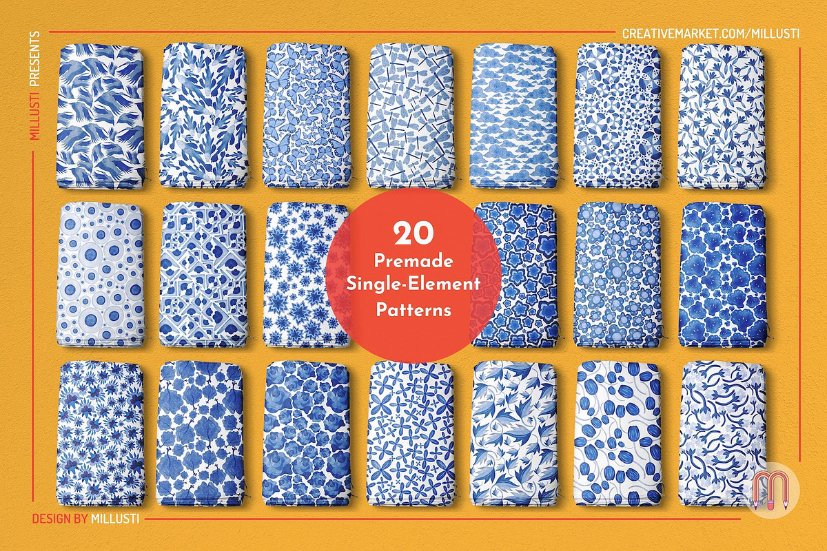 Chinoiserie Blue Watercolor Patterns, a Pattern Graphic by Millusti (Photo 4 of 11)