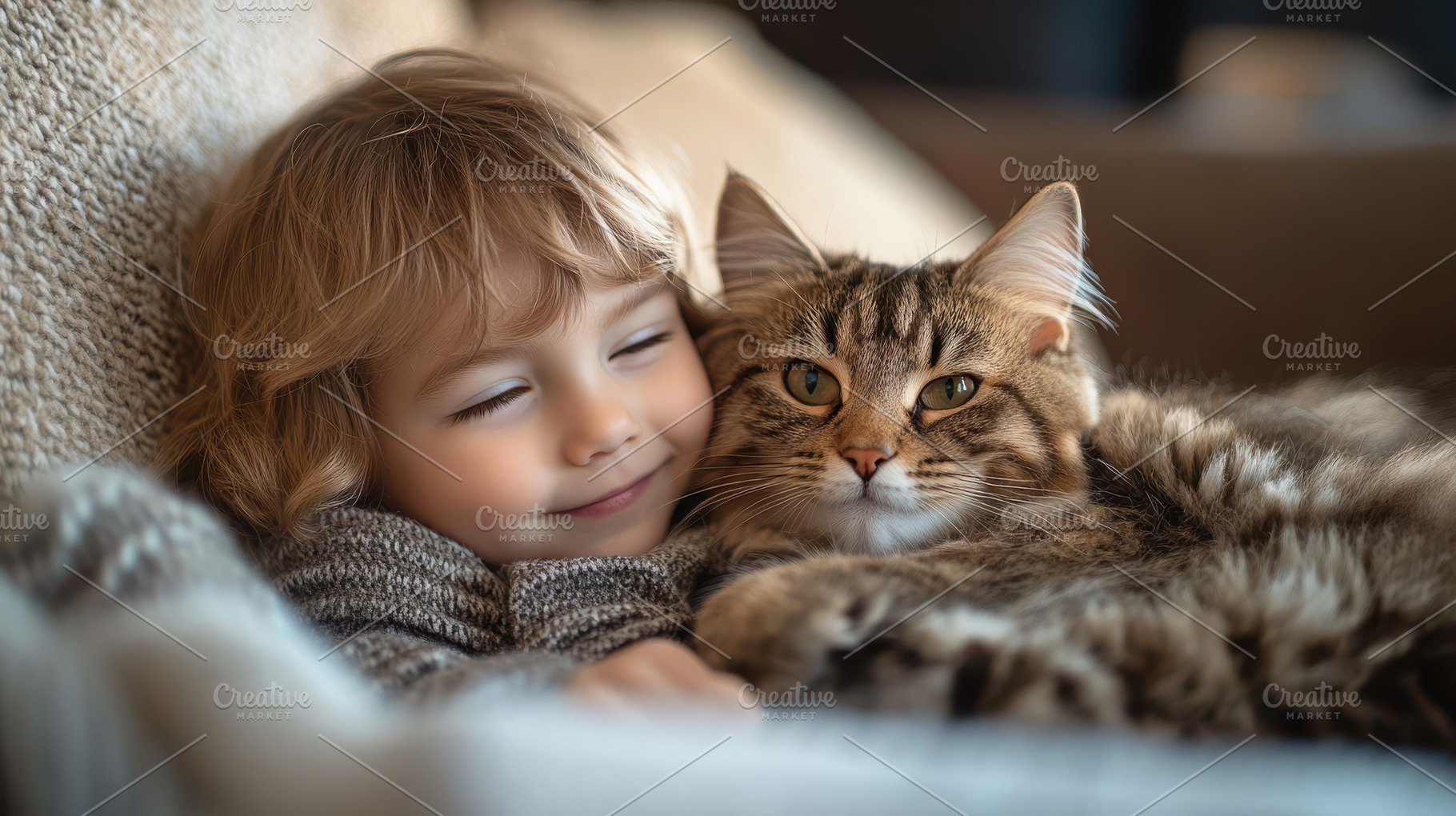 Child snuggling with a fluffy tabby, an Animal Photo by Pixeness Studio