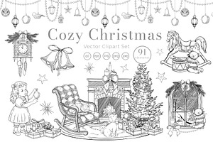 Christmas vintage linear vector set