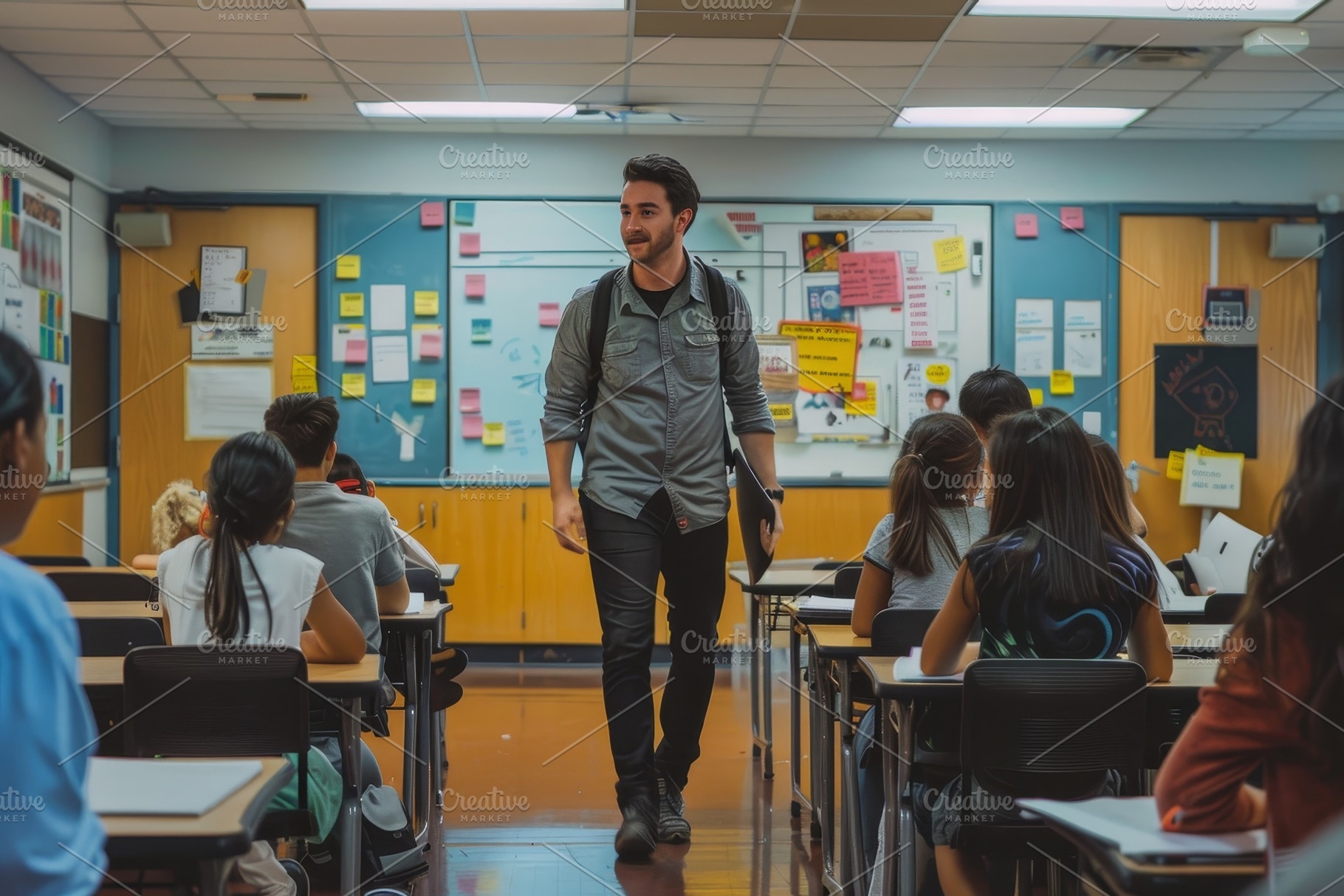 A man stands in front of a classroom, a Photo by Iftikhar Alam