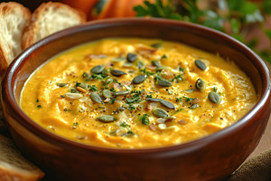Pumpkin soup with cream and seeds, a Food & Drink Photo by AlyaAnd