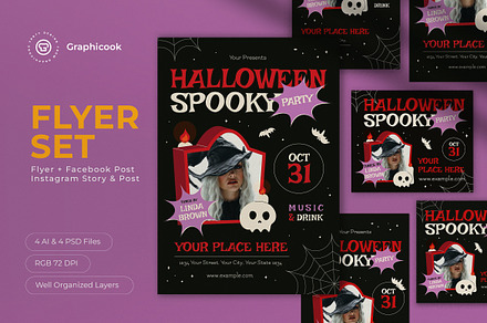 Halloween Spooky Party Flyer Set, a Flyer Template by graphicook