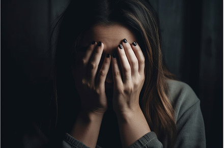 Woman covered face sadness home, a Person Photo by Ylivdesign