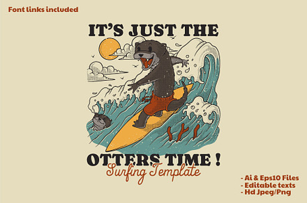 otters mascot surfing at the beach
