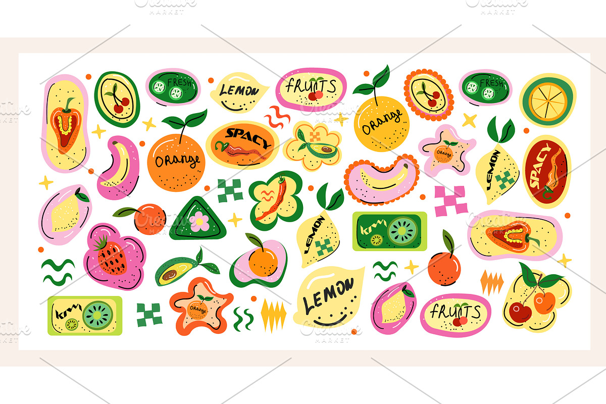 Trendy fruit sticker set with bold, a Food Illustration by Lucia Fox