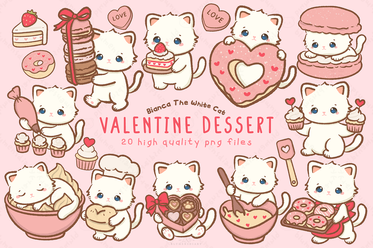Kawaii Cat Valentine Dessert Clipart, an Animal Illustration by Blumensdiary (Photo 1 of 6)