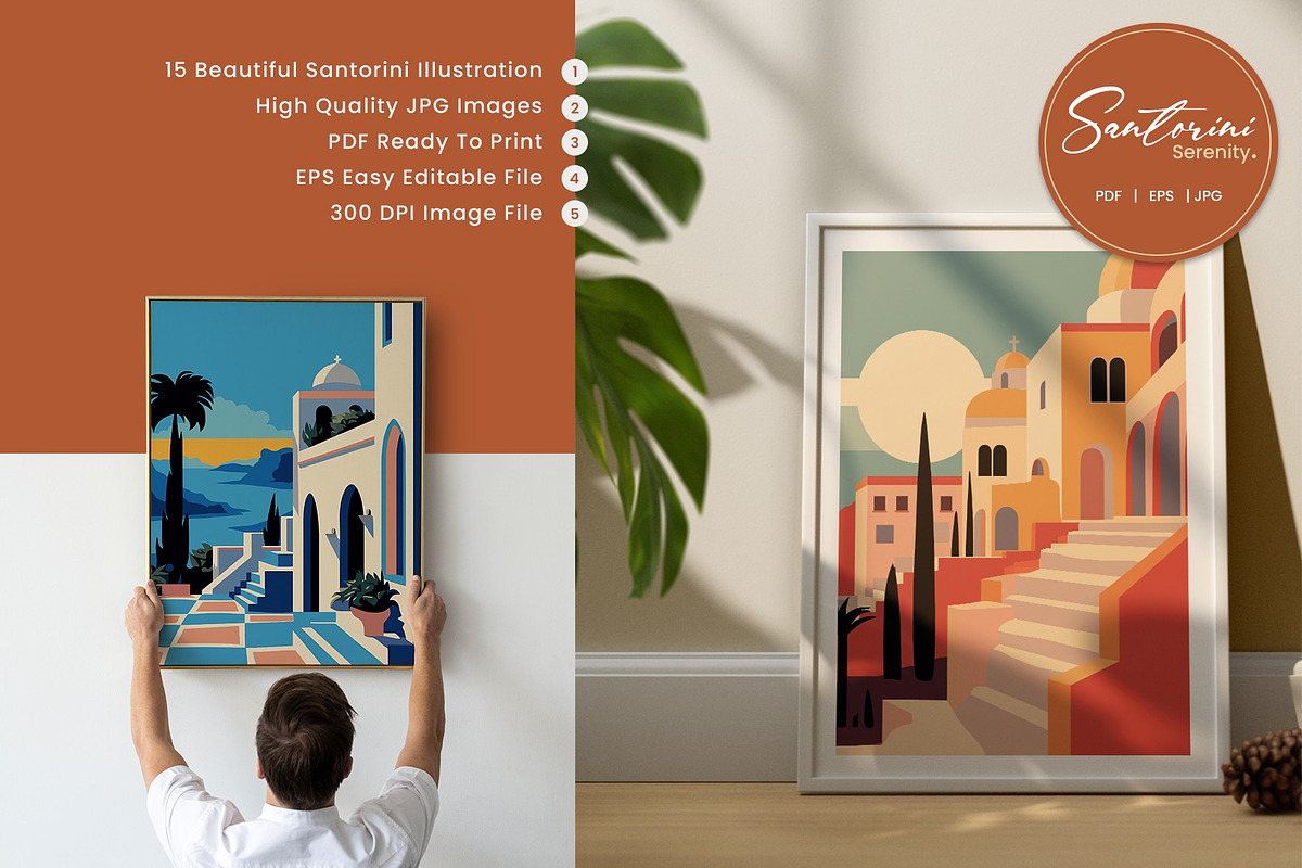 Flat Vector Santorini Serenity Print, a Background Graphic by Vibrand Studio (Photo 2 of 9)