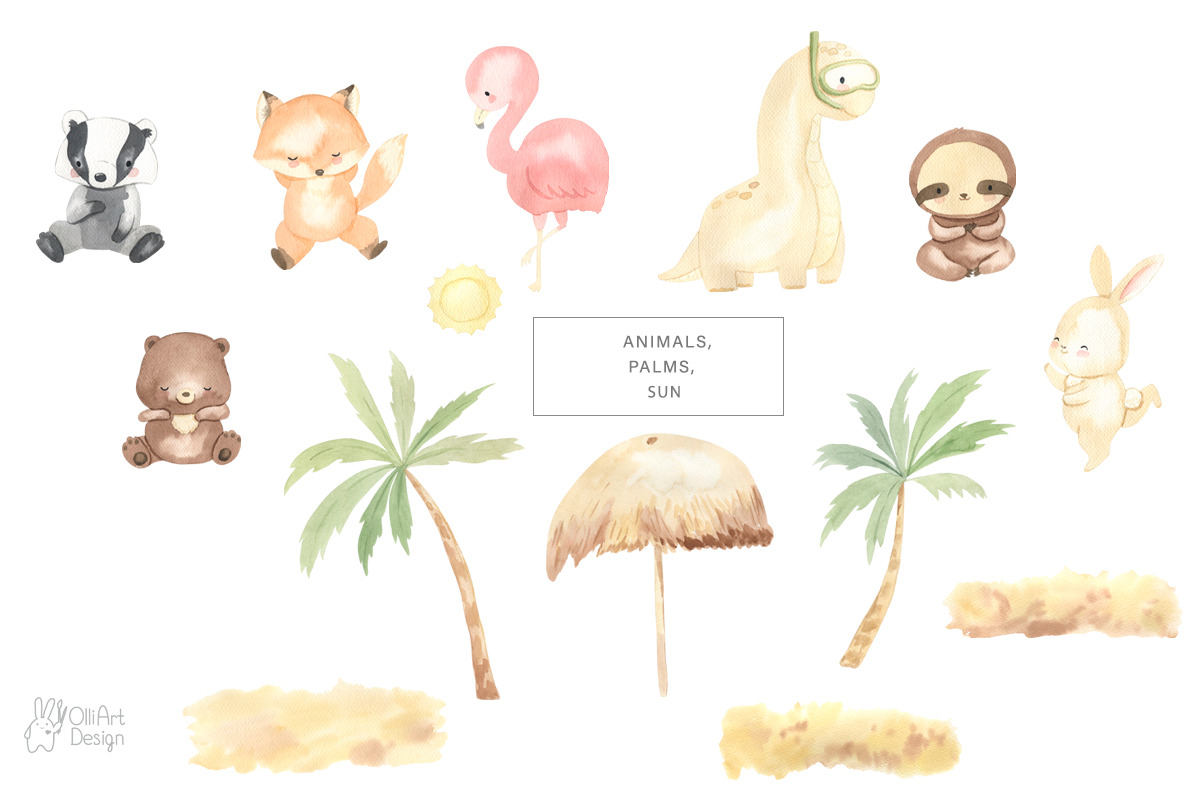 SUMMER PARTY. Watercolor animal set, an Animal Illustration by OlliArtDesign (Photo 2 of 10)