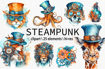 Watercolor Steampunk Clipart, an Animal Illustration by ArtIrisArt
