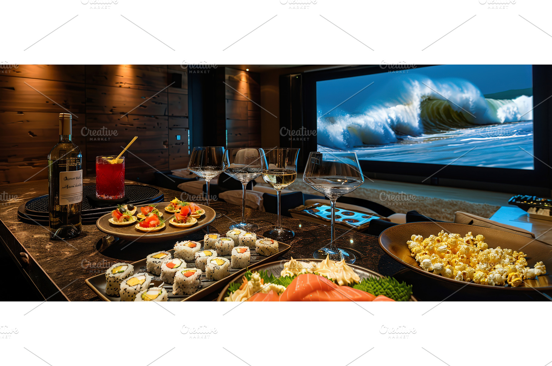 Elegant sushi and wine spread in, a Food & Drink Photo by piter.goskov
