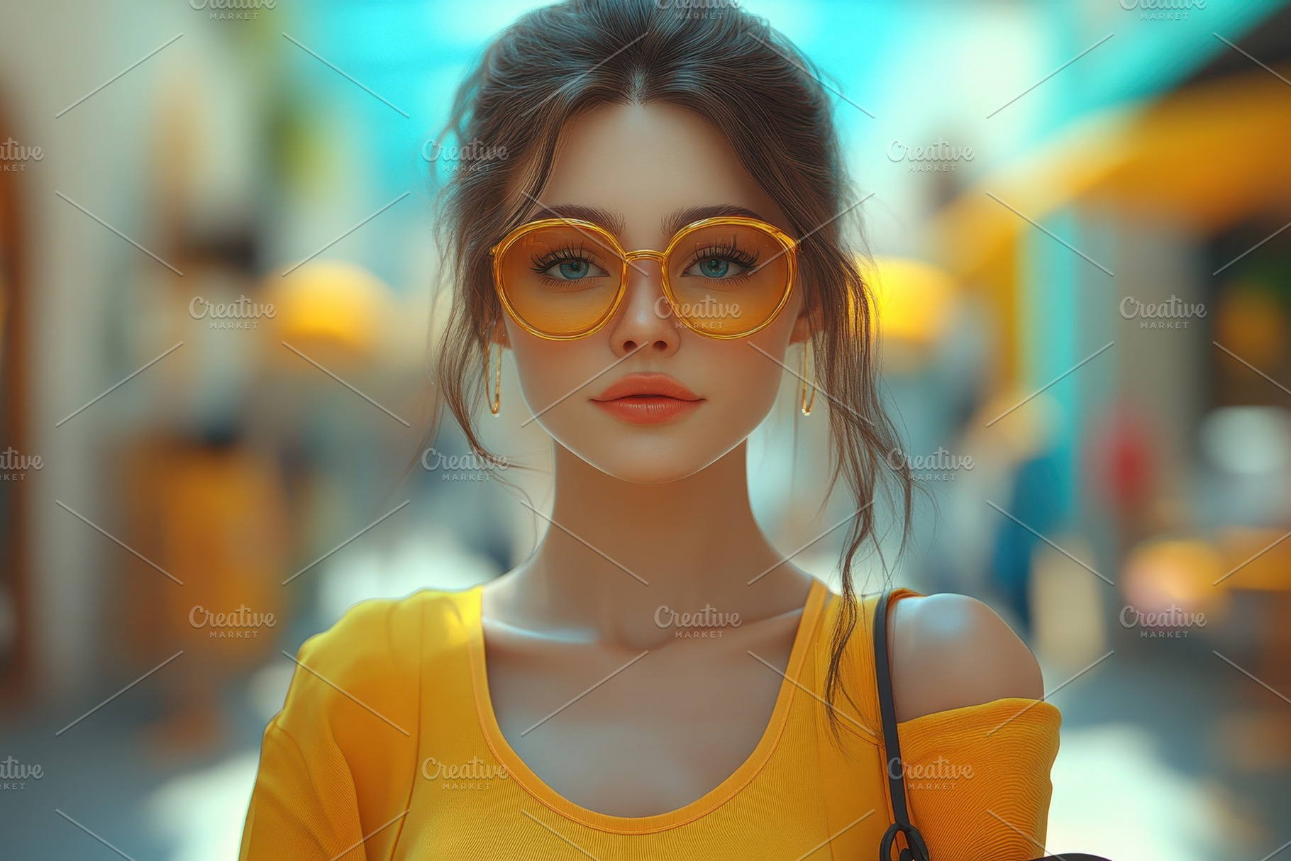 Young woman in stylish yellow outfit, a Photo by Tanuart