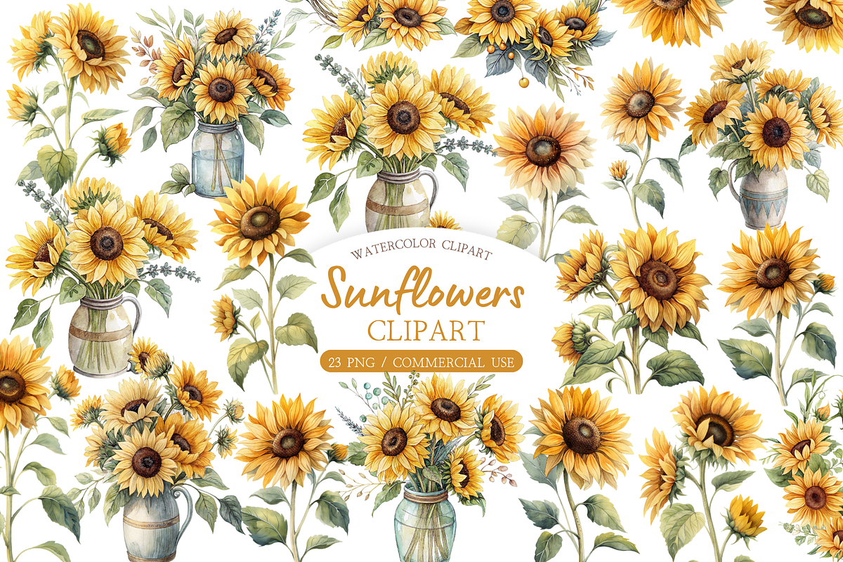 Watercolor Sunflower Clipart Bundle, an Illustration by MockupWizard (Photo 1 of 5)