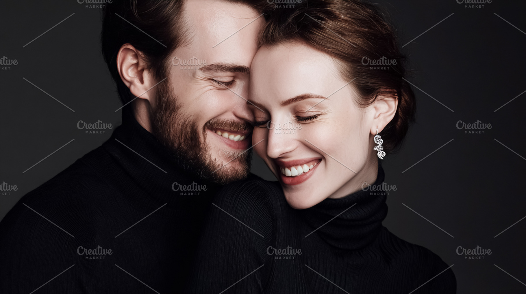 Smiling couple embracing in black turtlenecks, celebrating love, a Photo by Studio ANNA