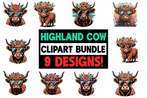 Highland Cow Clipart Designs, an Animal Illustration by crative8112