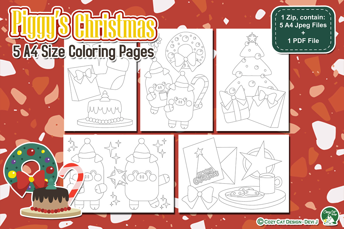 Piggy Christmas Coloring Pages, an Education Illustration by Cozy Cat Design (Photo 1 of 7)
