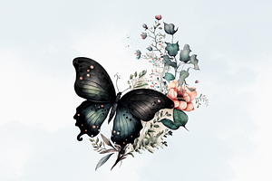 Black Flowers Butterfly Watercolor