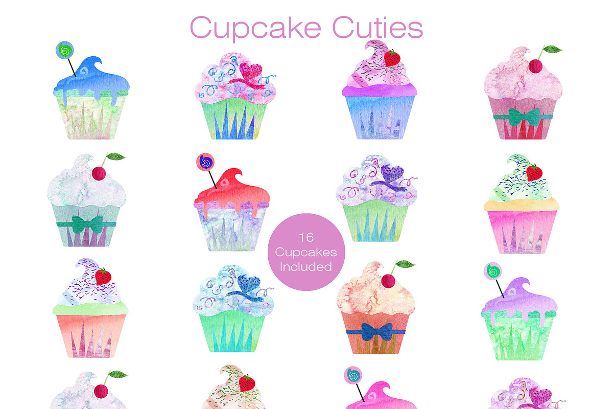 Cute Cupcakes Watercolor Clipart, an Illustration by ClipartBrat Graphics