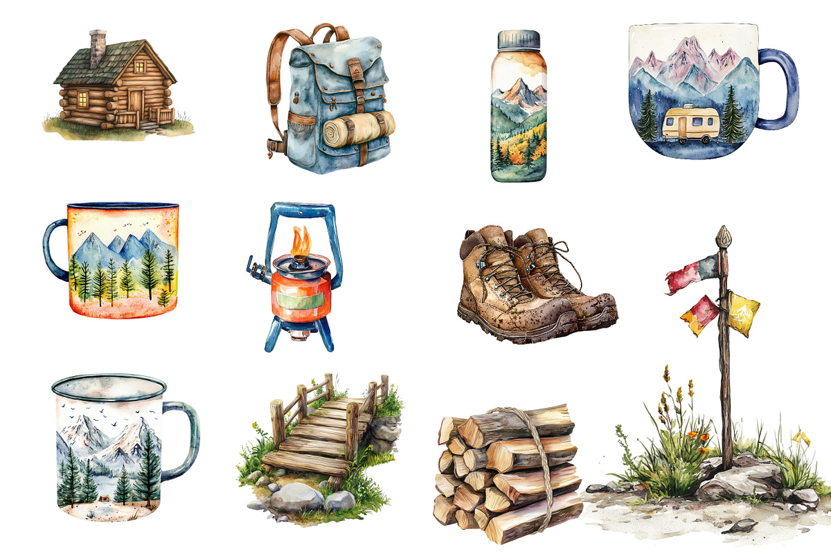 Watercolor Camping Hiking Clip Art, an Illustration by Designworld (Photo 5 of 6)