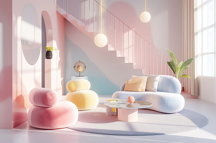 Modern interior of living room with couch and staircase, a Beauty & Fashion Photo by AlyaAnd