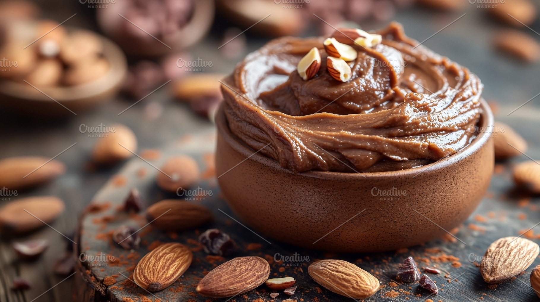 Delicious chocolate almond spread in a rustic bowl, topped with, a Food & Drink Photo by ImageMir