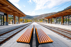 Double-track railway station in Scandinavia with scenic mountain view and woode, a Photo by AlyaAnd