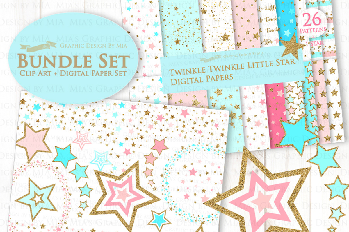 Pink Light Blue Gold Stars, a Texture Illustration by Mia's Graphic Design (Photo 2 of 9)