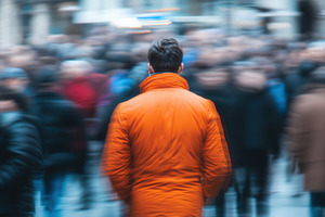A man in an orange jacket stands, a Photo by Pavel_design