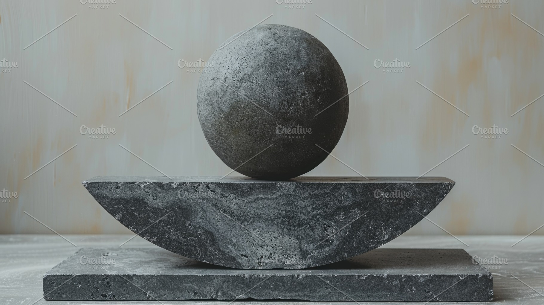 Black Stone Sphere Balanced on Abstract Curved Sculpture Display, a Background Photo by José Manuel Gelpi