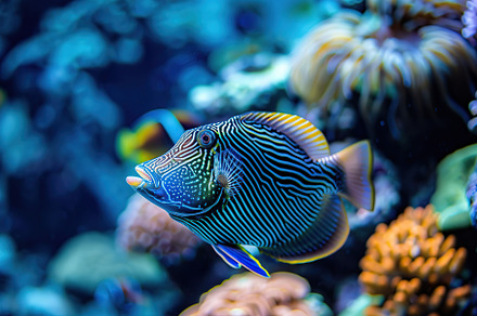 Jaw triggerfish in aquarium with blue water and corals, an Animal Photo by AlyaAnd